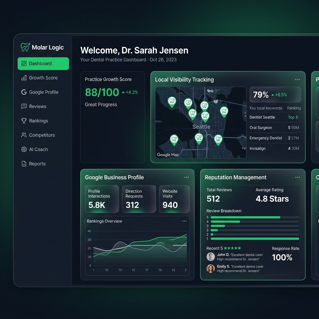 Molar Logic platform interface: dental clinic growth dashboard with visibility tracking, rankings, and review management